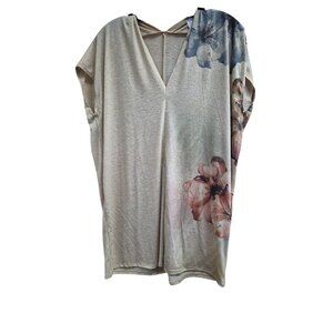 Beige Floral Print Womens Loose-Fit V-Neck Tunic